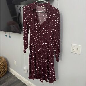 Seraphine Burgundy Long Sleeve Dress with White Polka Dots